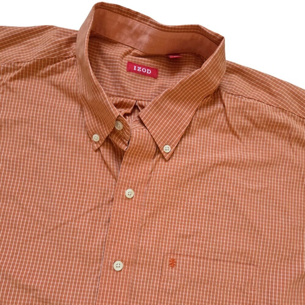 IZOD Men's Long Sleeve 2XL Orange Checkered Button Down Shirt 100% Cotton Cabin